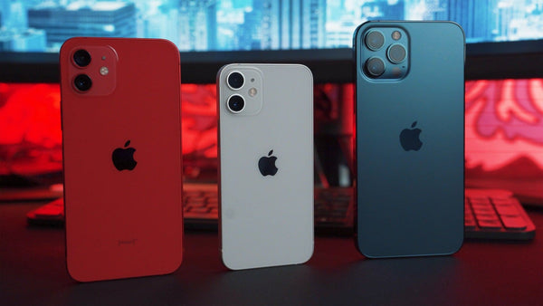 iPhone 12 series each in a different colour- red, white, and blue