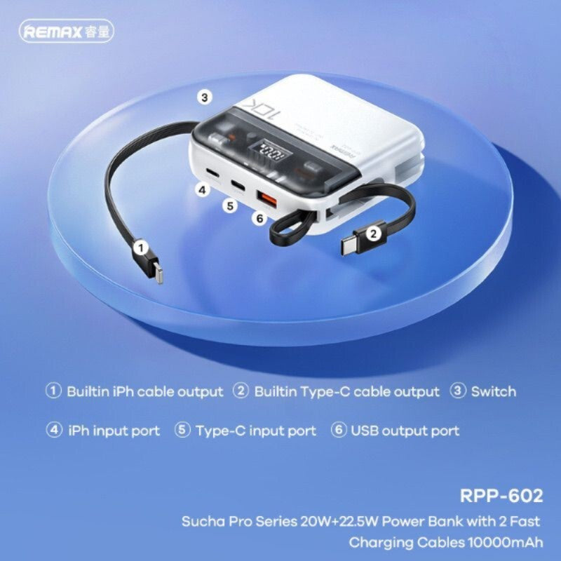 REMAX Sucha Pro Series 22.5W Power Bank [RPP-602] [10K mAh] [2 Ports + Lightning & Type-C Cables]