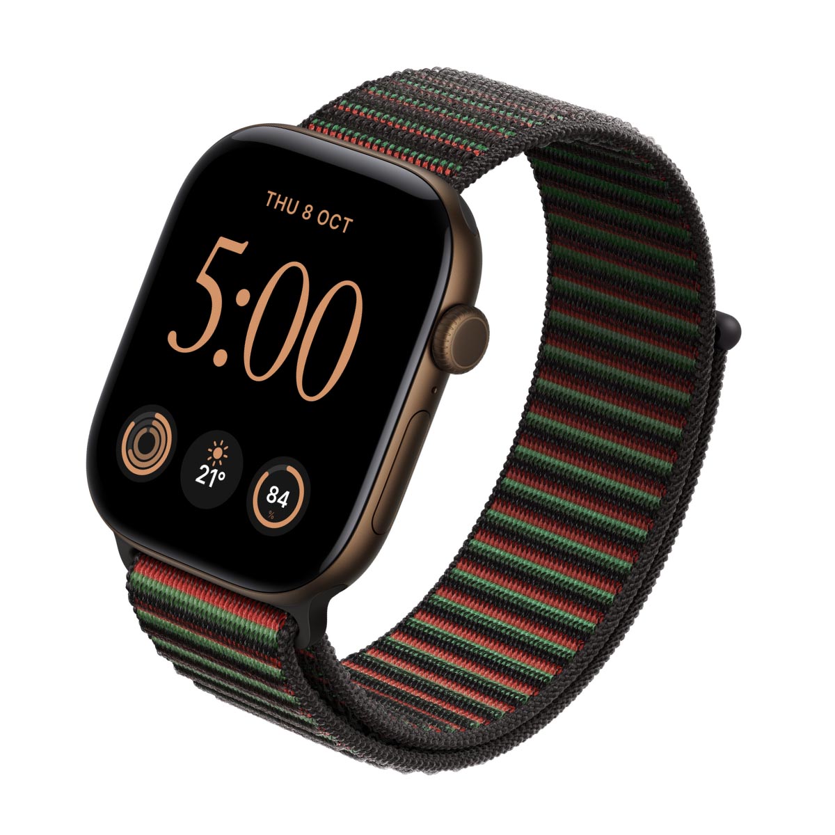 Apple Watch Series 12 Aluminium Dark Bronze - Sport Loop Black Unity Rhythm